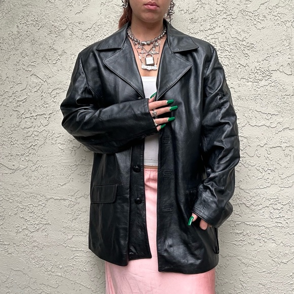 Vintage Black Leather Trench Coat - Picture 3 of 10